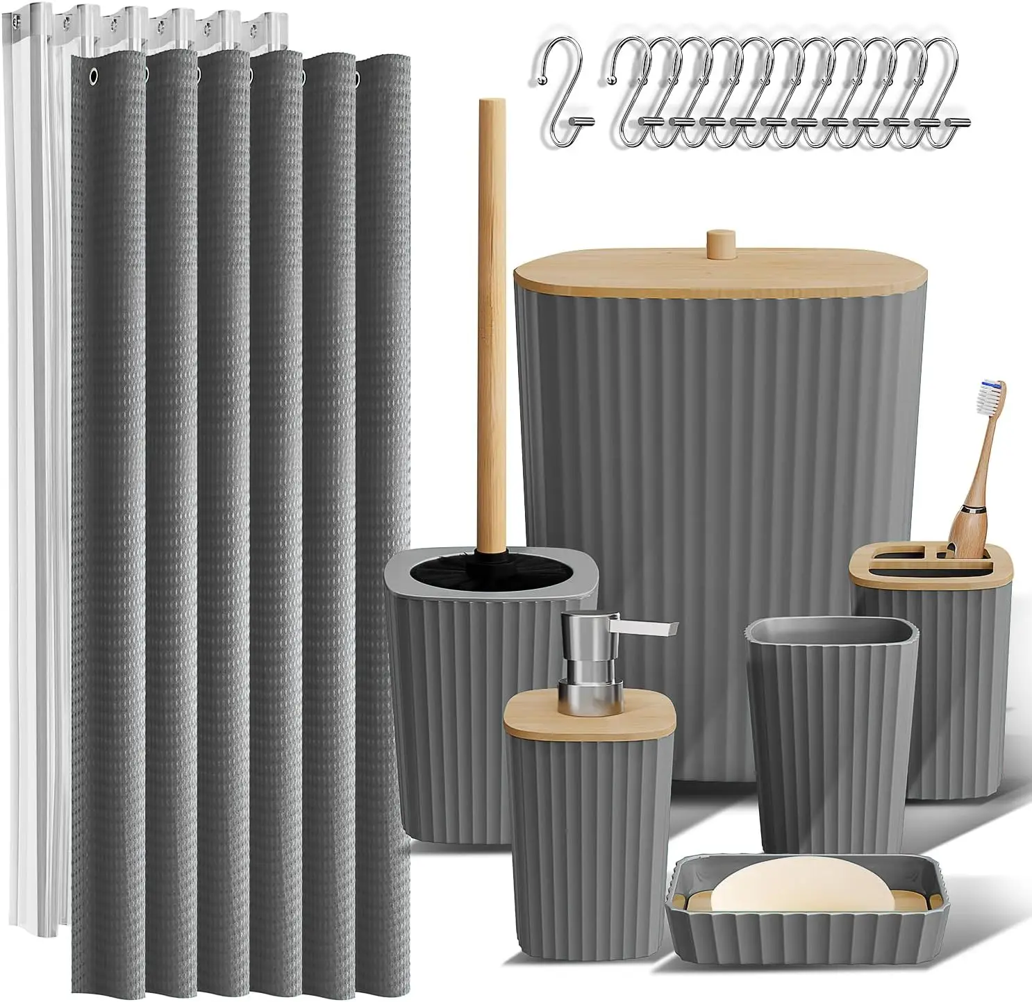 

Bathroom Accessories Set - Bathroom Set, Bathroom Accessory Set, Shower Curtain Set, Toilet Brush, Trash Can & Soap