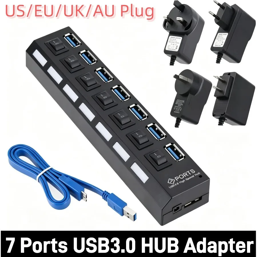 USB3.0 HUB Splitter Multi s Ports USB HUB Adapter High-Speed Data Transfer 7 Ports Expander with Individual ON/OFF for PC Laptop