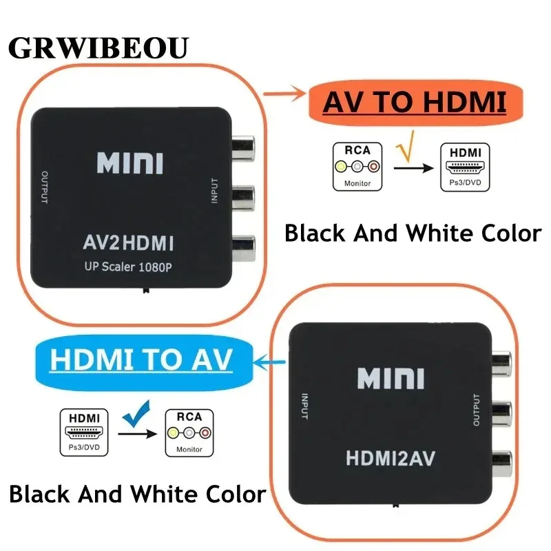 

GRWIBEOU HDMI-compatible TO AV AV2HDMI Adapter HD Video Converter Box HD to RCA AV/CVSB L/R Video 1080P Support NTSC PAL