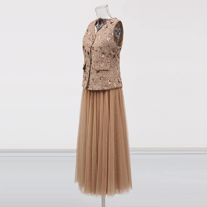 TWOTWINSTYLE ソリッドツーピースセット女性のための V ネックノースリーブスプライシングシングルブレストベストハイウエストパッチワークメッシュスカート女性