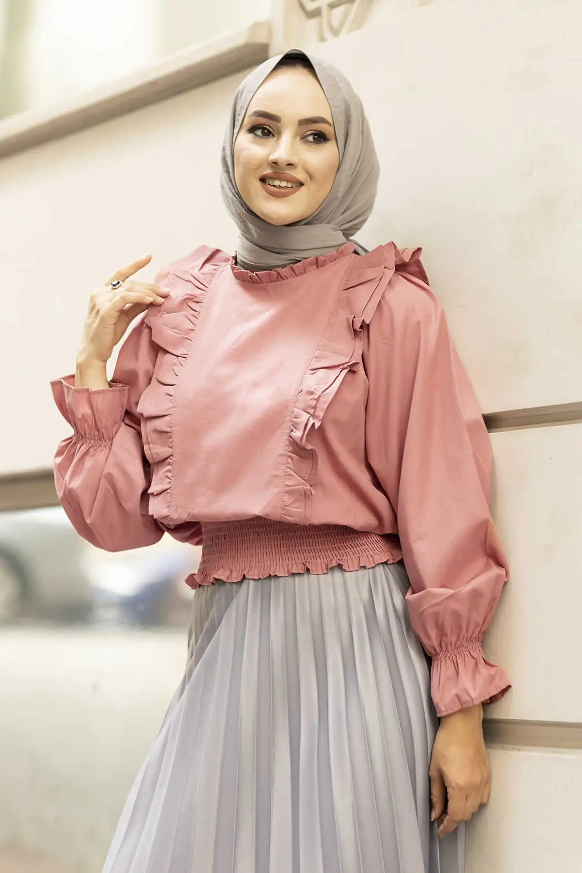 Front Frilled Blouse MD-Dirty Pink Winter Autumn 2021 Muslim Women Hijab headscarf Islamic Turkey