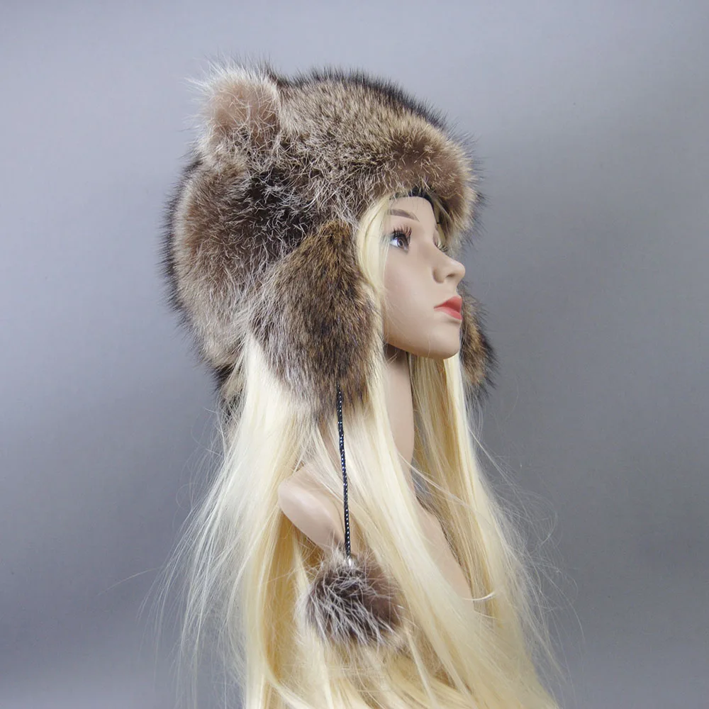 Inverno donna vero animale cappello di pelliccia di procione multicolore morbido di alta qualità con paraorecchie code ushanka moda berretti caldi russi