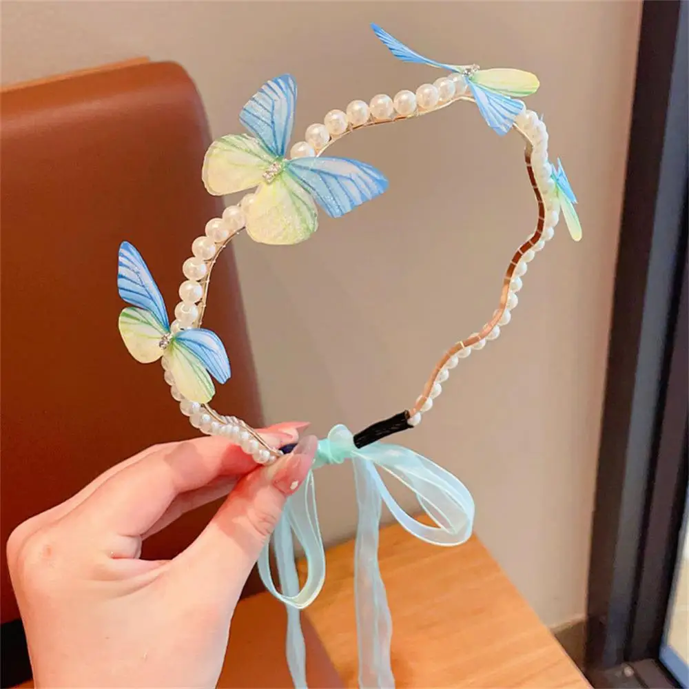 Children's Butterfly Headband, Streamer Hair Hoop, bebê, princesa bonito, feminino Pérola Hairband, acabamento Hairpin, 1-10pcs