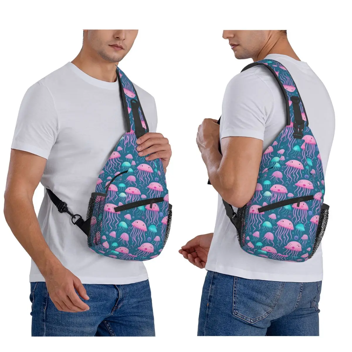 Jellyfish Pattern Elegant Marine Life Design Chest Bag Men Sling Crossbody Backpack Chest Bag Traveling Daypack Shoulder Bag