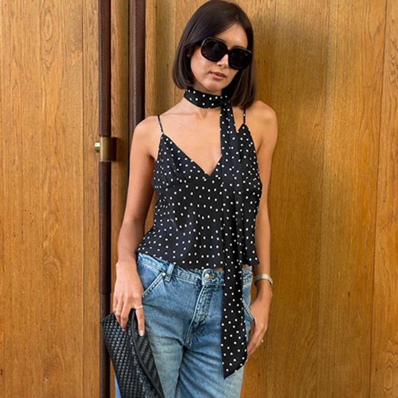

Talenza Sexy Polka Dot Camisole Women's New V-neck Scarf Ribbon Patchwork Backless Tanks Summer Fashion Party Y2k Female Tops