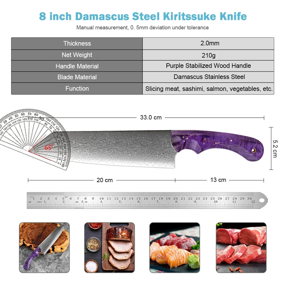 XITUO Professional 8 Inch Kiritsuke Knife ,Purple Wood Handle,Japanese Damascus Steel Kitchen Chef Knife, Sharp Cooking Knife
