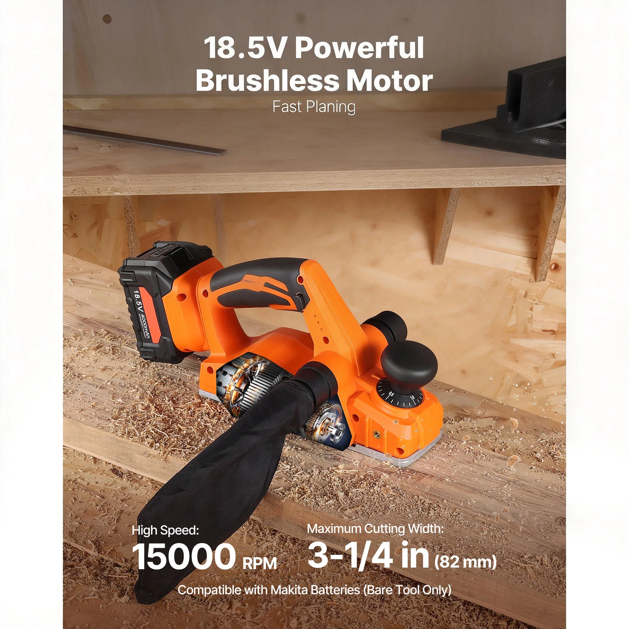 SucceBuy 15000 RPM Electric Cordless Handheld Planer 3-1/4-Inch Cut Width Adjustable Cut Depth for Woodworking