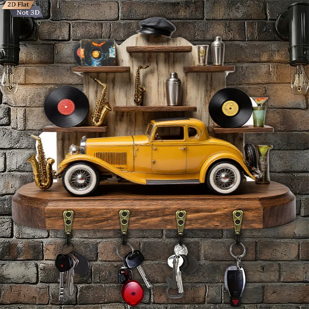 2D Flat, 1pc, Vintage Yellow Car Saxophone Vinyl Key Hook, Wooden Multi-functional Home Key Hook, with Four Metal Hooks, Wall
