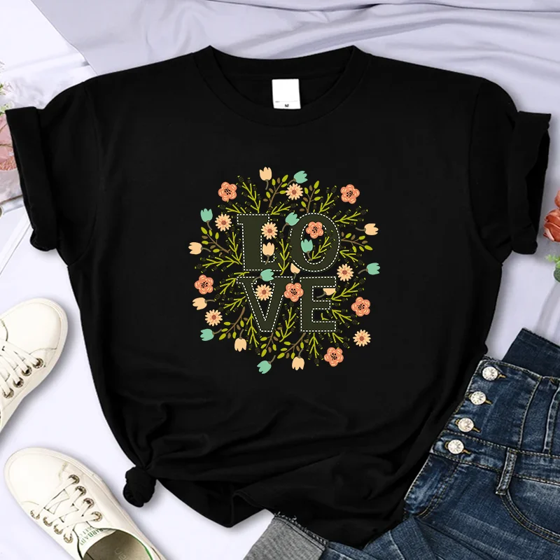 Luxury Love Flower For Women's High-Quality Summer Printing T-shirt 100% Cotton Casual Oversized Y2k Personality Sleeve O-neck