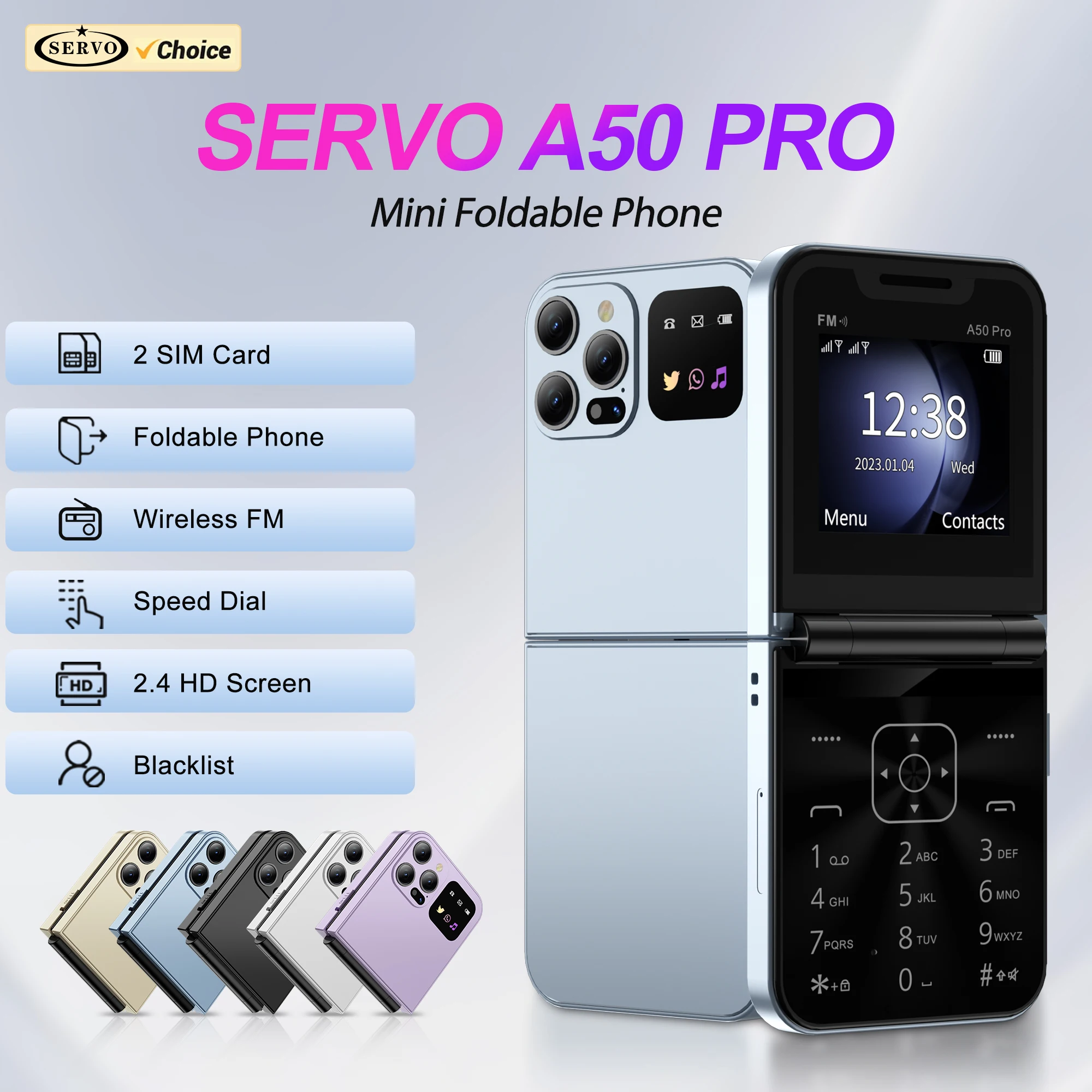 SERVO A50 PRO Foldable Mobile Phone Dual SIM Standby Call Recording Speed Dial Blacklist FM Radio 2G GSM Button Flip Cellphones