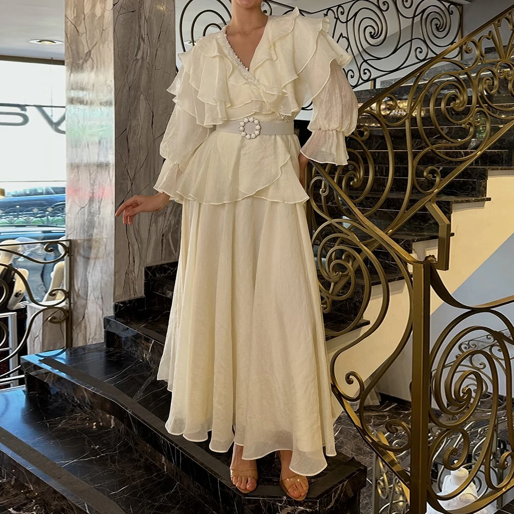 

Customized A-line Evening Dresses Ankle-length V-neck Full Sleeve Prom Gown Fashion Beading Sashes Simple Draped Party Gown