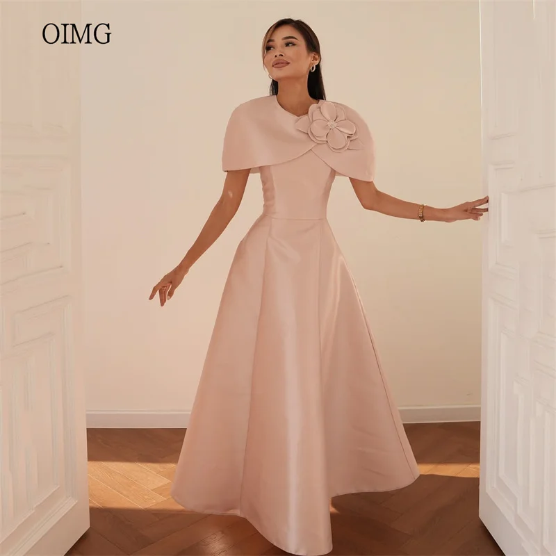 

OIMG Graceful Pink Flower Neck A Line Prom Gowns Satin Cap Sleeves Formal Party Gown Ankle Length Evening Dress Customized