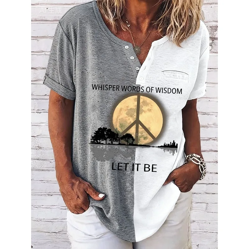 ilstile Women's Let It Bet Print T-Shirts Summer Short Sleeve Casual Loose T Shirt Vintage V Neck Tops Tees Hot Sale