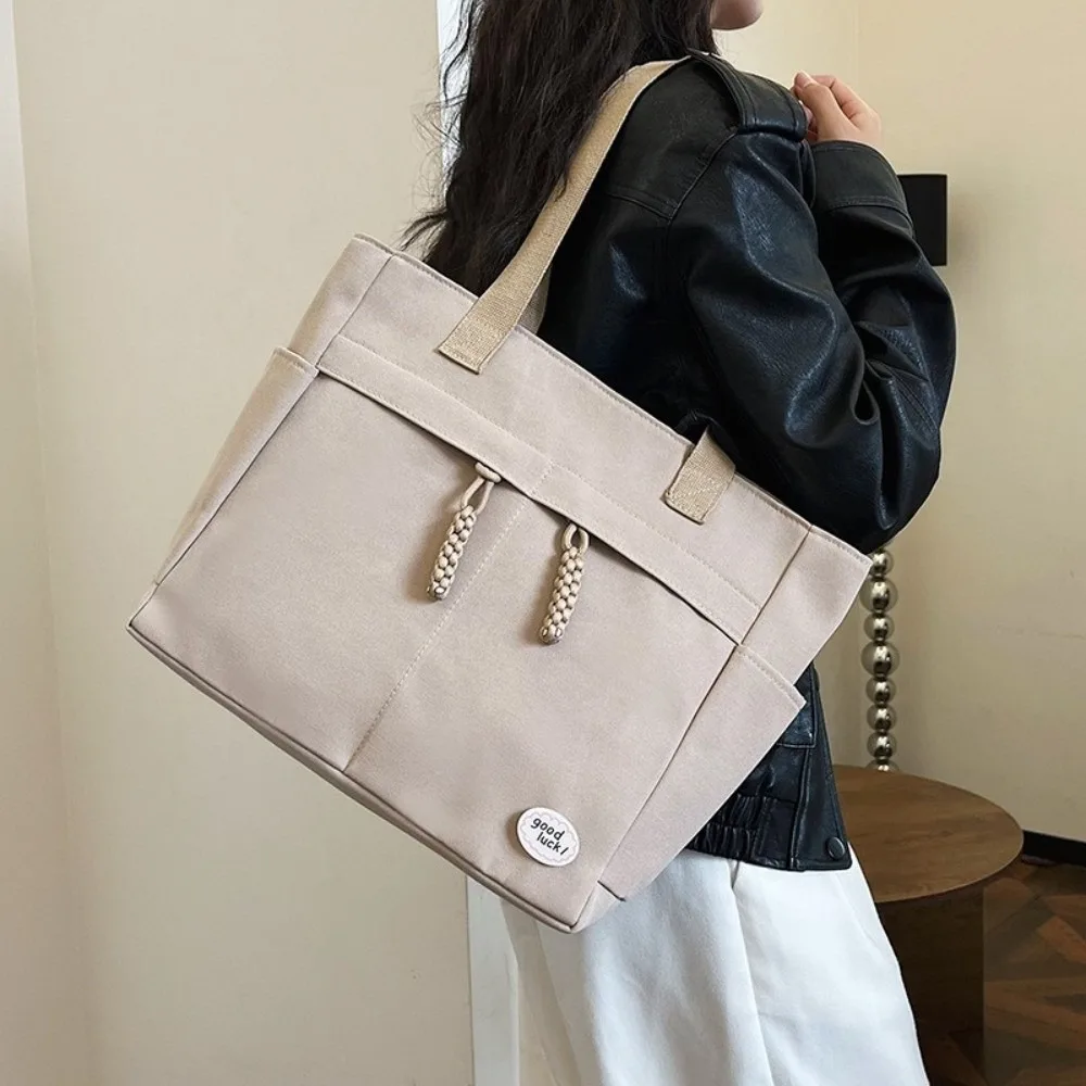 

Portable Solid Color Canvas Tote Bag Japanese Style Large Capacity Simple Handbag Multi Pocket Shoulder Bag Students