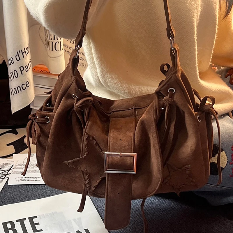 

Stylish Large Capacity Tassel Bag Women's Retro Korean Brown Shoulder Bag Designer Star Print Dumpling Bag Student Commuter Bag