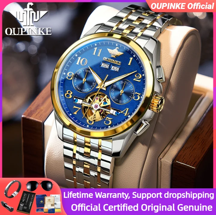 OUPINKE 3263 Orologio da uomo alla moda Movimento automatico Volano Quadrante scheletrato Orologio da polso in acciaio al tungsteno di alta qualità