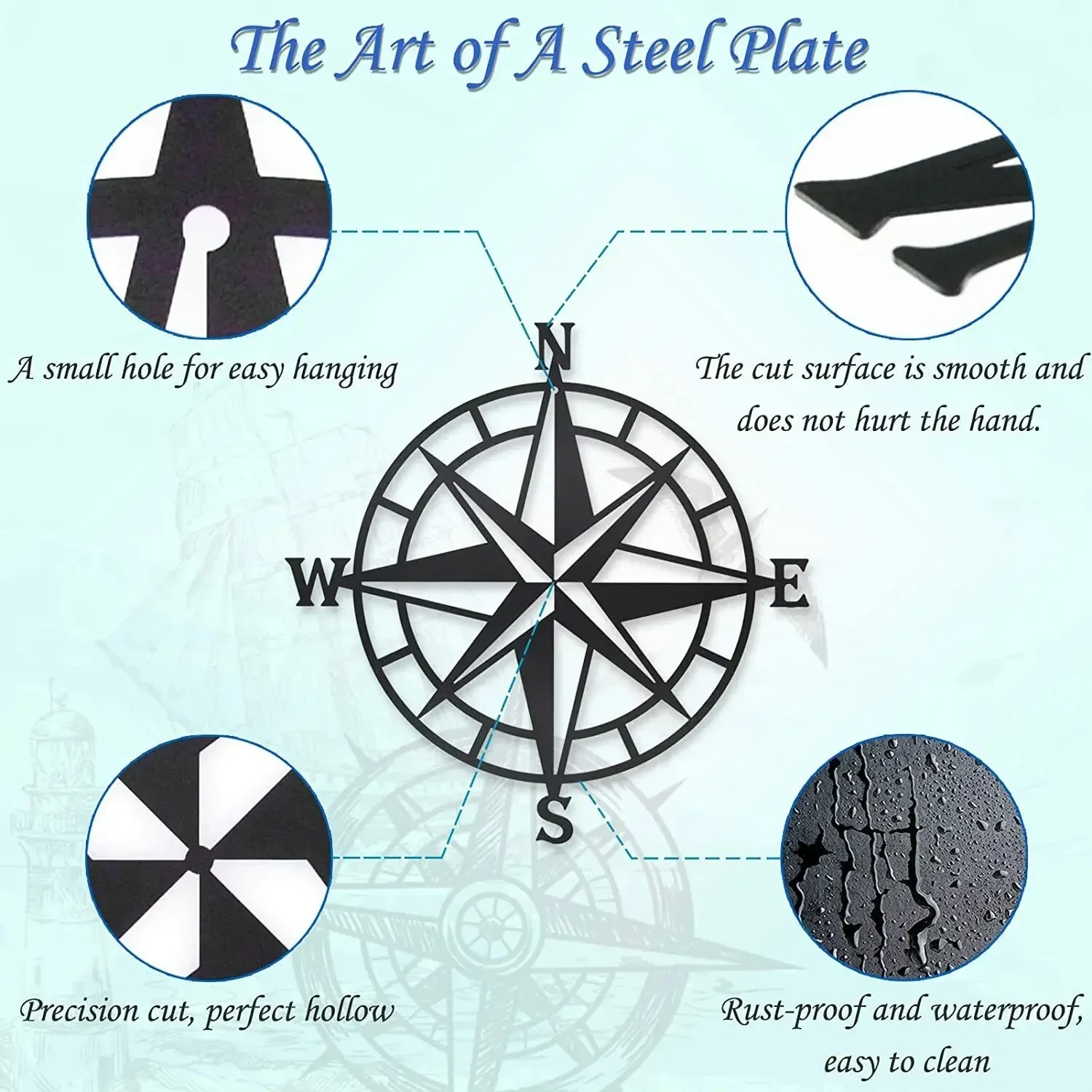 Modern Nautical Compass Iron Wall Decor Ocean Theme Metal Silhouette Wall Hanging Art for Home Decoration