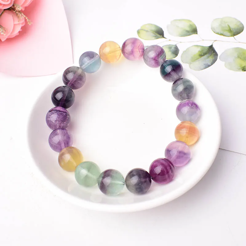 1PC Hand-made Fashion Simple Natural Rainbow Fluorite Crystal Stone Bracelet Healing Quartz Yoga For Men Women Jewelry Gift