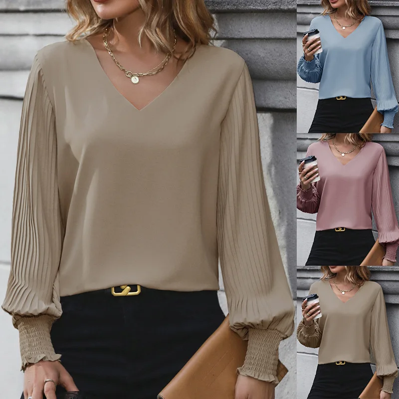 

Woman V Neck Pleated Lantern Sleeve Top Solid Color Elastic Cuffs Ideal for Office Wear Casual Outings Trendy Looks