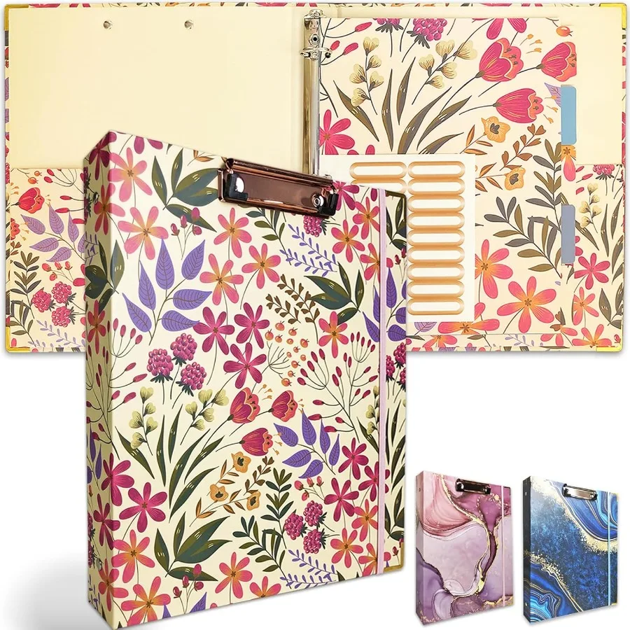 3リングバインダー 1冊 レターサイズ バインダーオーガナイザー 5タブ仕切り 2つの内ポケット ロープロファイルクリップカバー ラベルステッカー 175枚