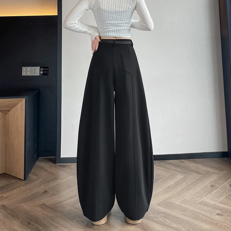 Damskie wełniane spodnie jesienno-zimowe z wysokim stanem, szerokimi nogawkami, kieszeniami, eleganckie spodnie z paskiem, styl OL, nowość 2025, rozmiary S-XXL