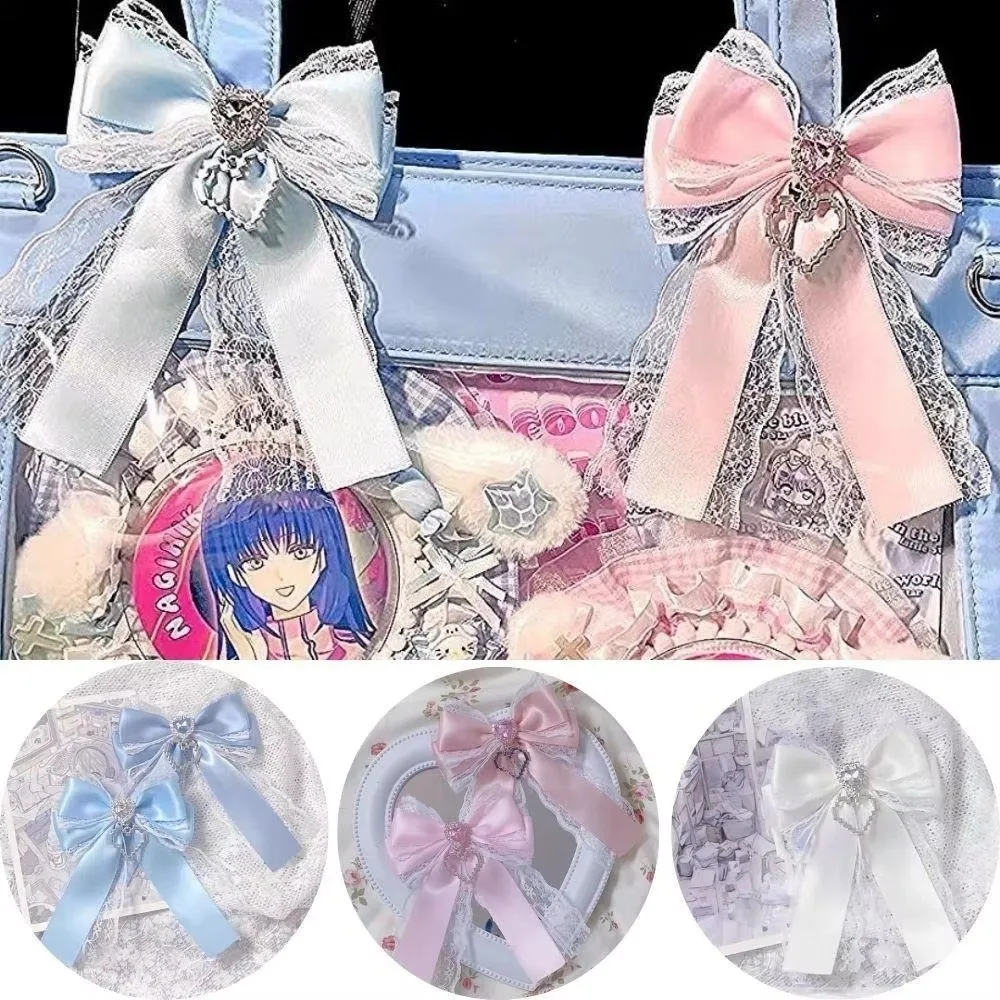 1/2PCS Ribbon Lace Bow DIY Ribbon Bowknot Kit Double Layer Bow Pendant Bling Heart Lolita Backpack Charm Heart Diamond Clip