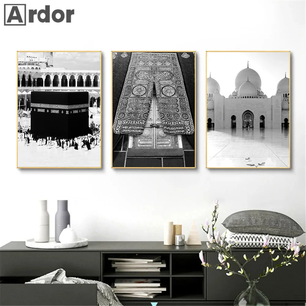 Mecca Kaaba Scripture Islamic Wall Poster Black And White Mosque Canvas Painting Morocco Door Wall Art Print Pictures Home Decor