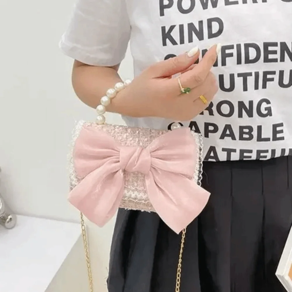Elegant Synthetic Leather Princess Bag Pearl Decorated Handheld Pearl Handbag Crossbody Bag Children