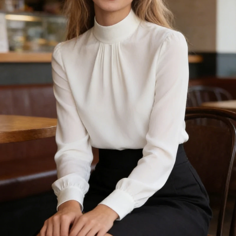 2026 primavera moda gola blusas de manga comprida elegante fino-ajuste blusa de cor sólida outono senhora do escritório topos de cetim