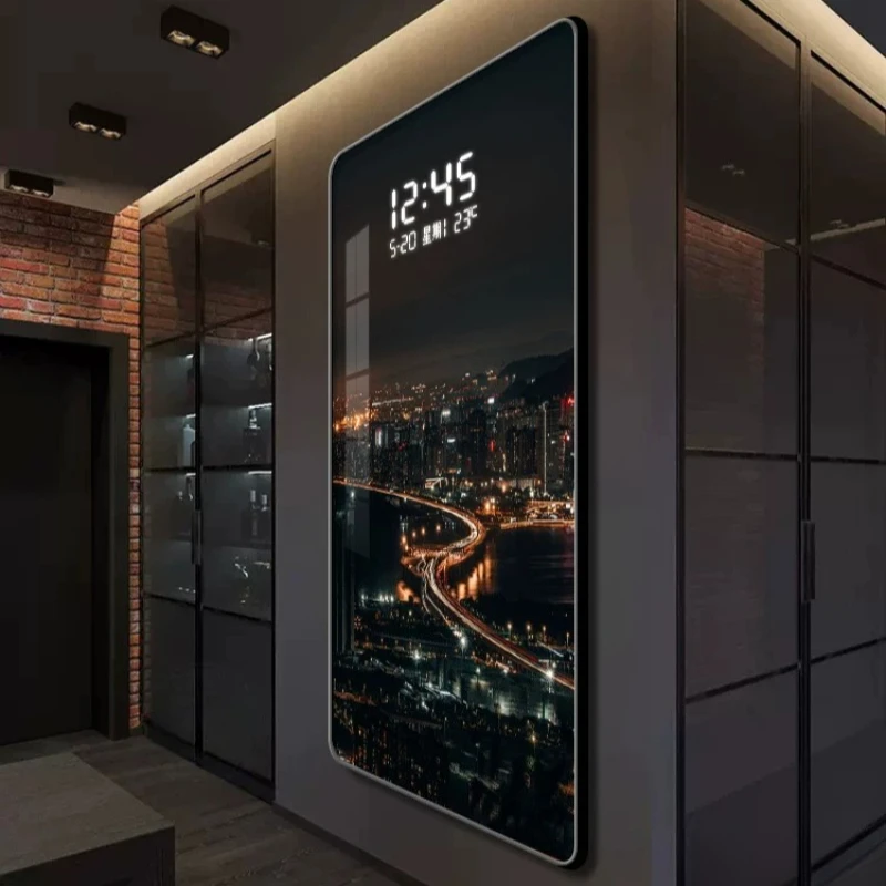 Urban Night Scene Landscape Architecture Mural Decoration Painting with Electronic Clock and LED Light for Home Decor Wall Clock