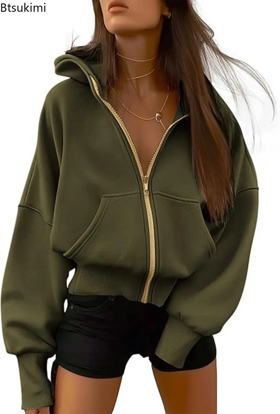 

Women's Autumn Winter New Solid Color Zipper Long Sleeve Short Hoodie Casual Loose Sports Hooded Coat Fashionable Streetwear