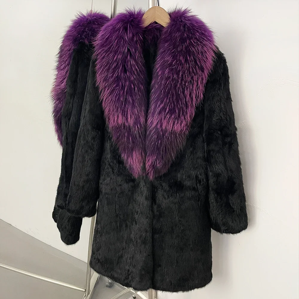 OFTBUY Neue Luxuriöse Vollpelz-Winterkleidung Damenjacke Mittellang Echter Kaninchenfellmantel mit Echtfuchsfellkragen – Detail 11