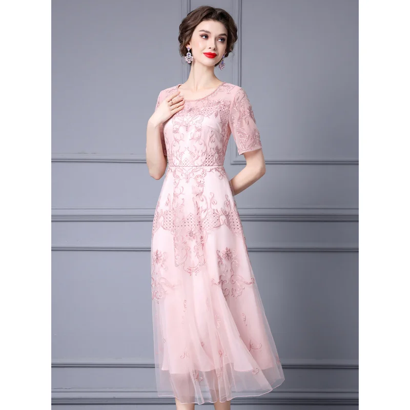 Pink Machine Embroidery Tulle Skirt2024New -End Refined Grace High Waist Dress Long Skirt Summer