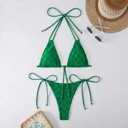 Conjunto de Bikini a cuadros para mujer, traje de baño de dos piezas con realce, color liso, estilo nuevo