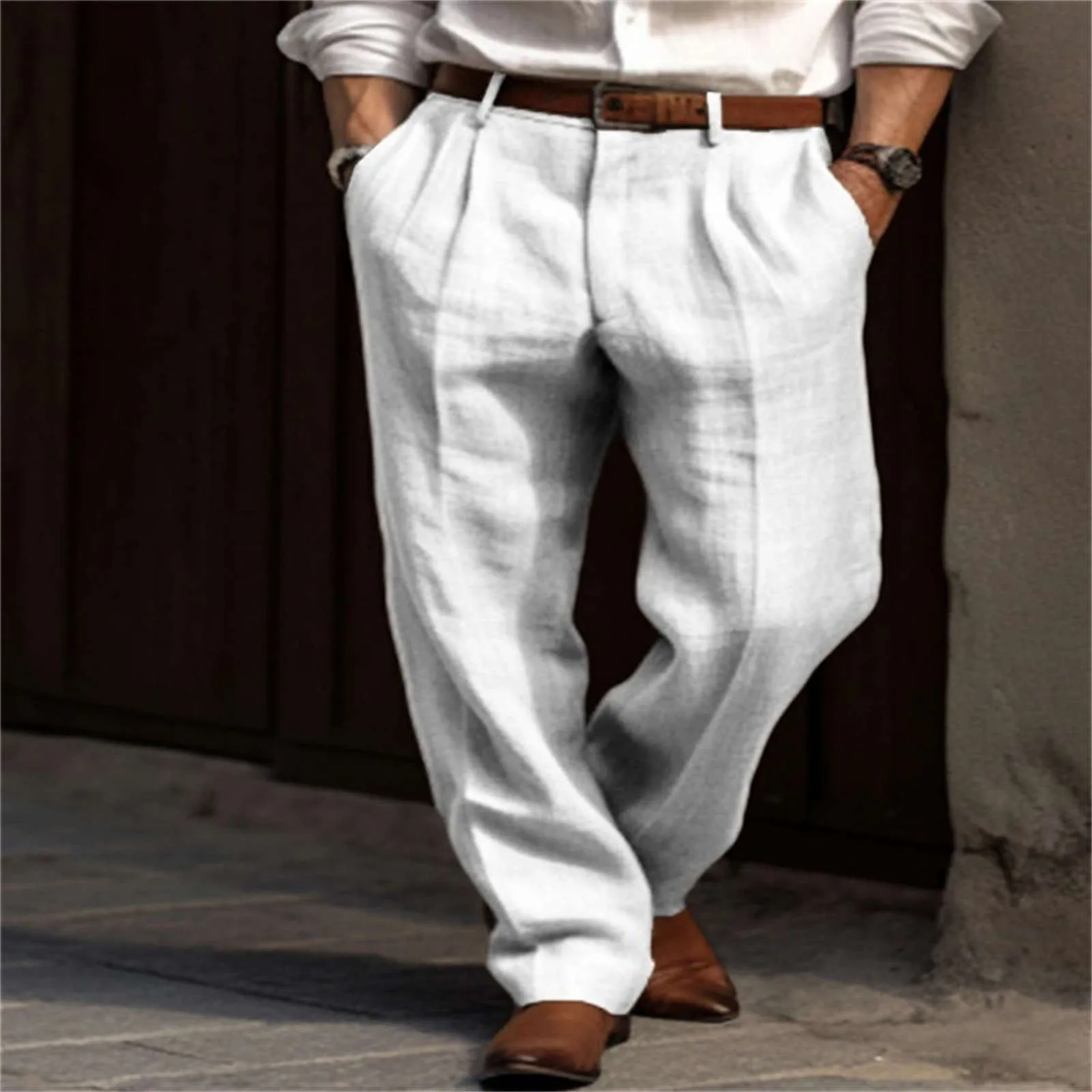 

Men's Linen Double Pleated Front Bag Straight Tube Solid Color Comfortable Breathable Casual Everyday Holiday Big N Tall Pants