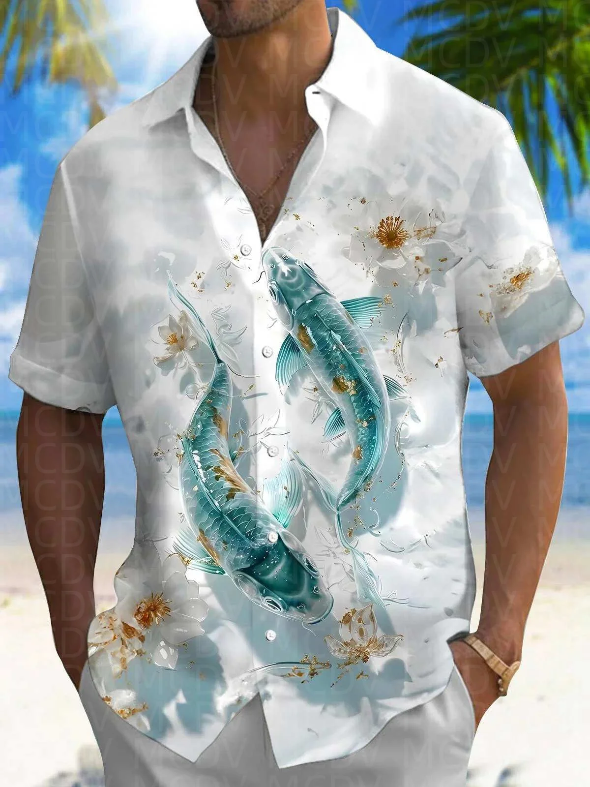 Perch Pattern Men's Hawaiian Shirt Stretch Easy Care Camp Shirt Big Tall