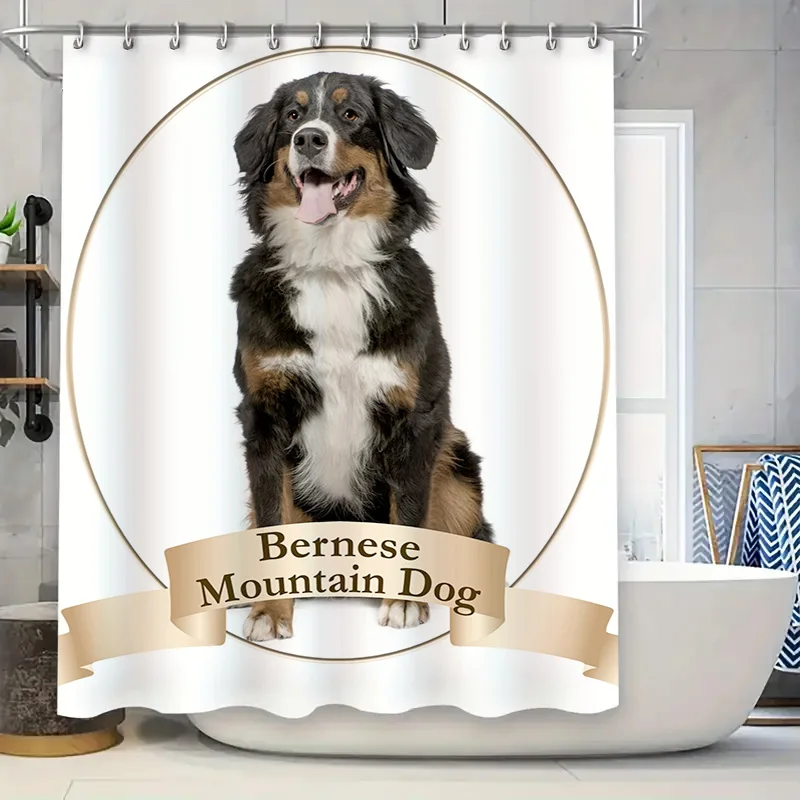 Adorable Bernese Mountain Dog Shower Curtain Modern Bathroom Decor with White Frame Printing