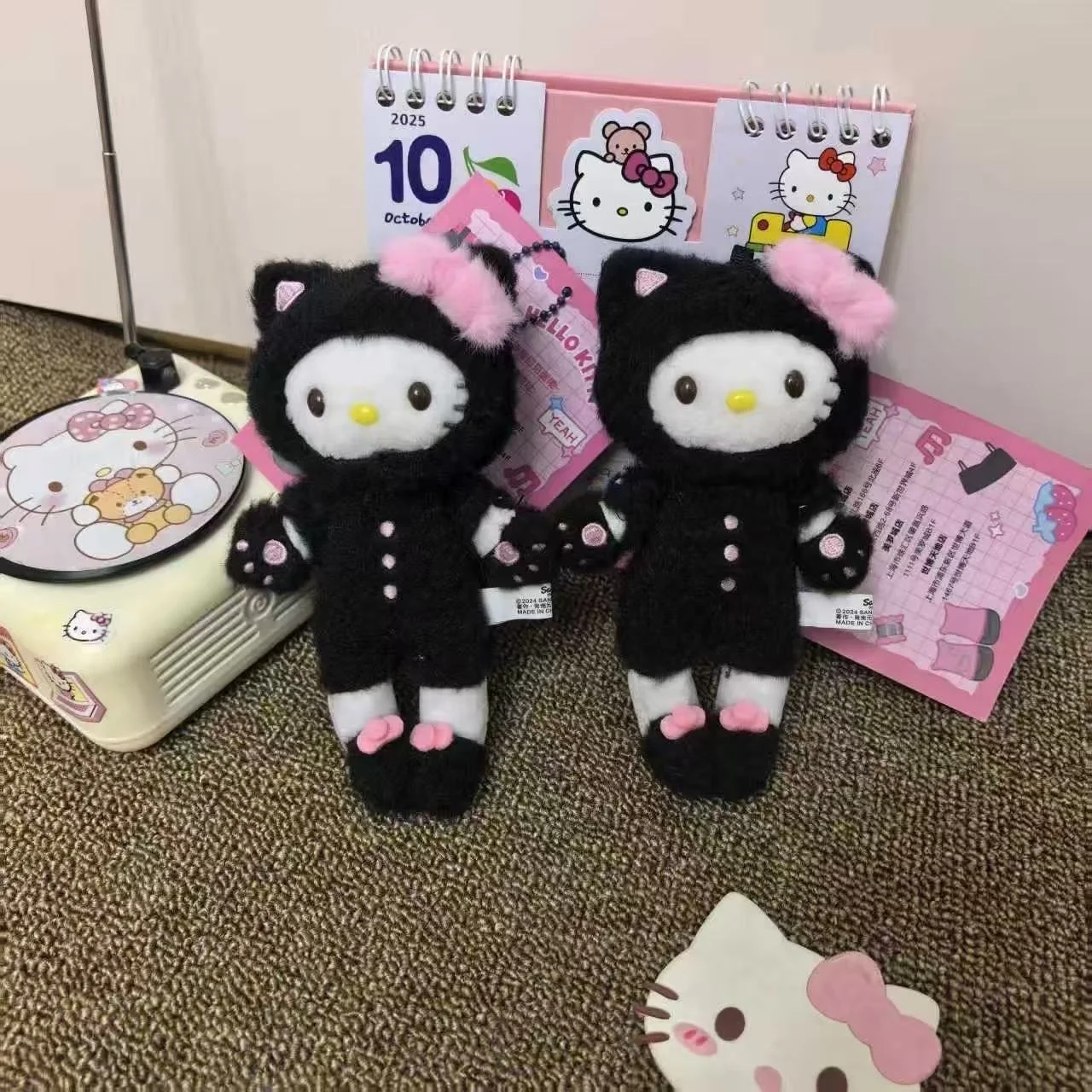 Sanrio Black cat Hello Kitty Cartoon Long legged Plush Doll kawaii Daily Series Kitty cat y2k Schoolbag Pendant Keychain  Gift