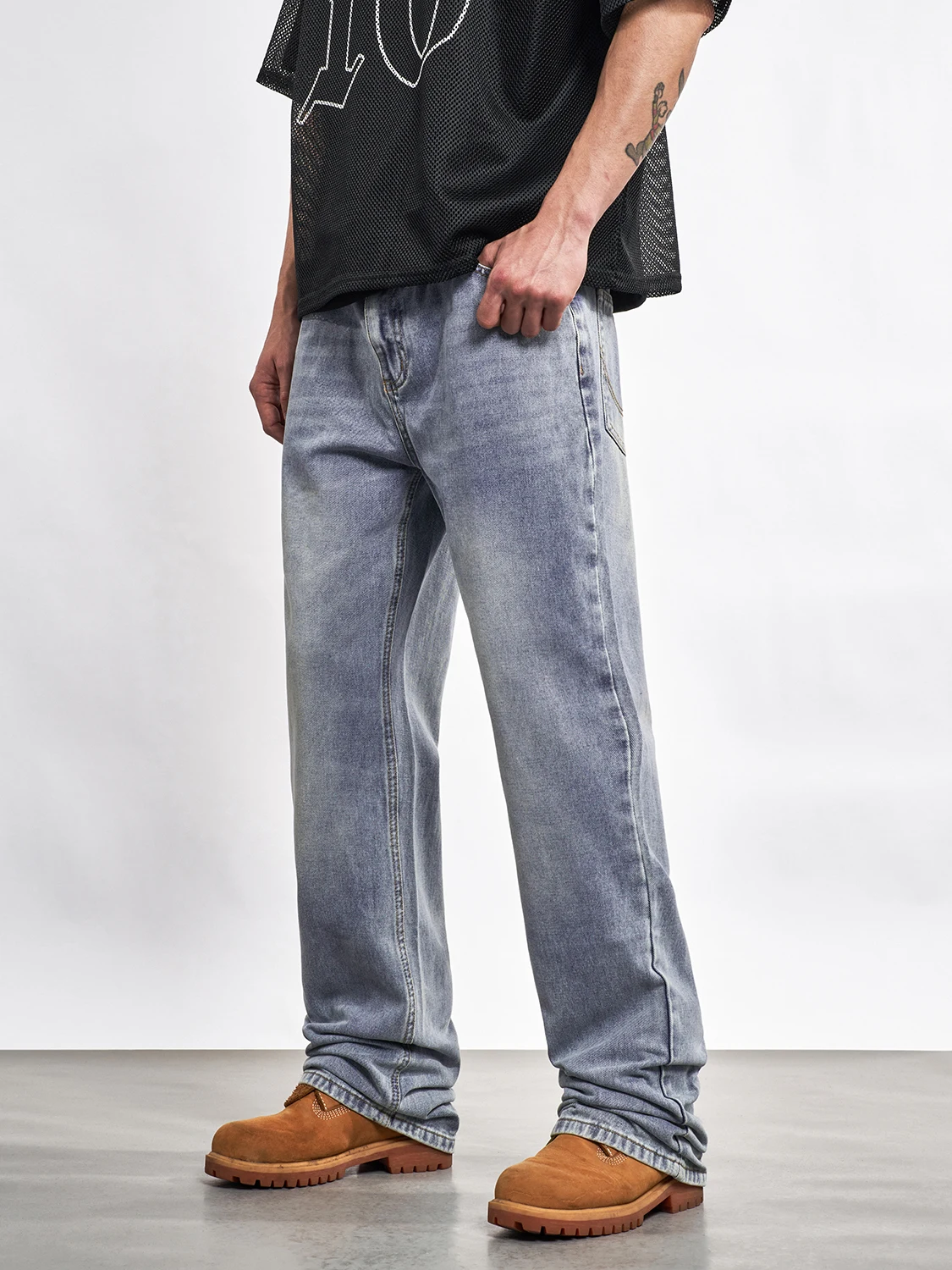 Basic Vintage Washed American Straight Leg Jeans Men Casual Light Blue Cleanfit Long Pants Cotton Polyester Blend Breathable