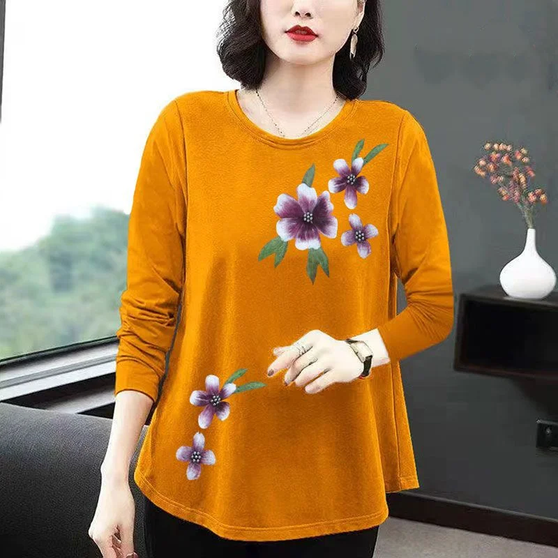 Fashion Women Clothing Casual Oversized T-shirt Spring Autumn Thin Long Sleeve New Tees Versatile Floral Basic Pulover Midi Tops