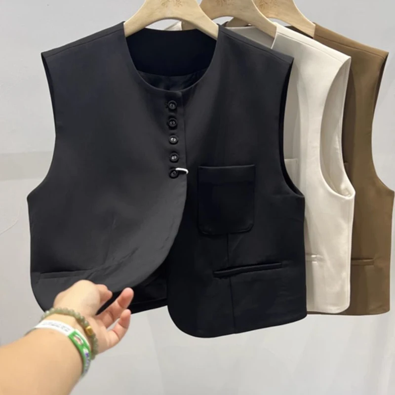 

Round neck single breasted short suit vest jacket for women in spring and autumn, retro design, niche vest