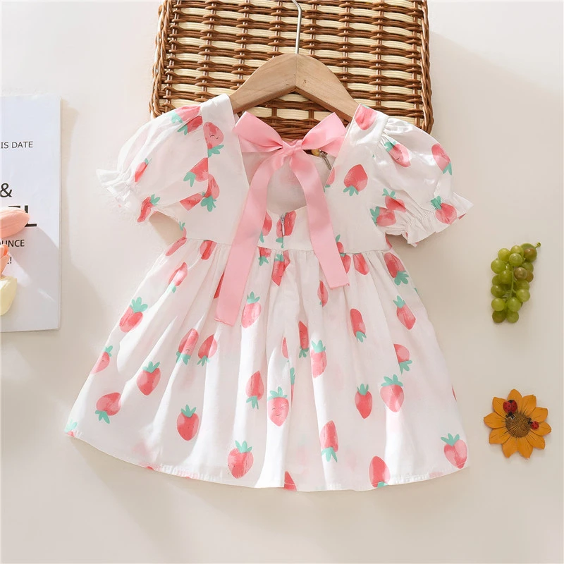Girls\' dress summer children\'s clothing cute strawberry tie bow short sleeved Korean casual children\'s dress