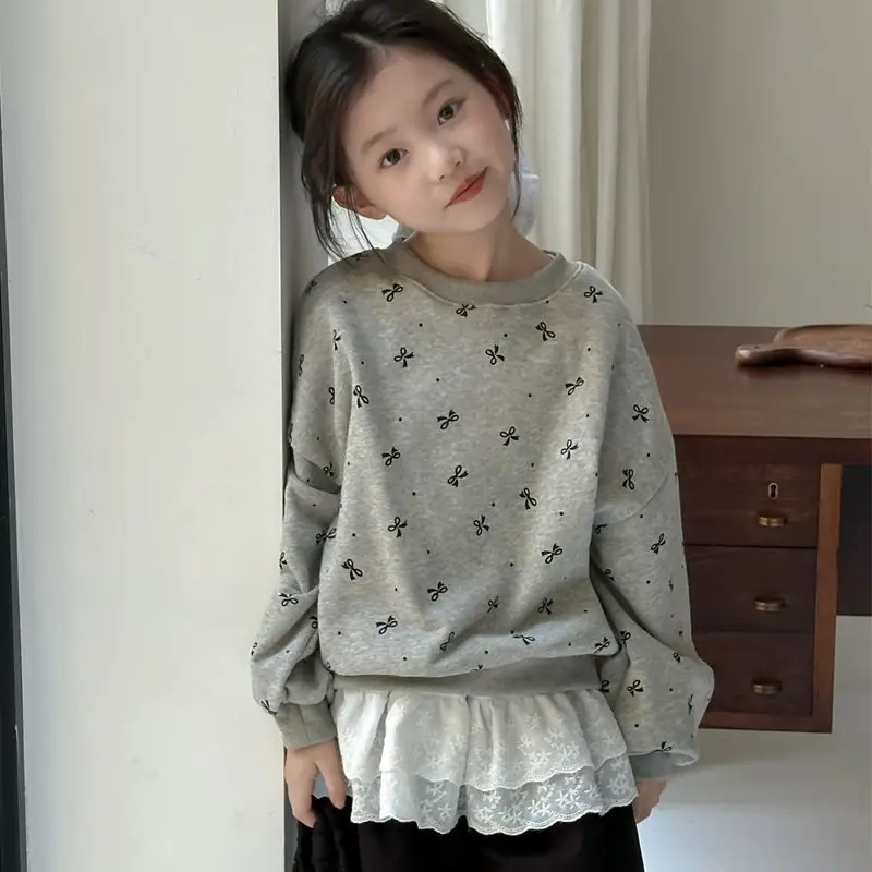 Girls Gray Hoodies Children 2024 New Autumn Collection Fashion Simple Casual Hoodies Top Korean Simple Style Hoodies Top