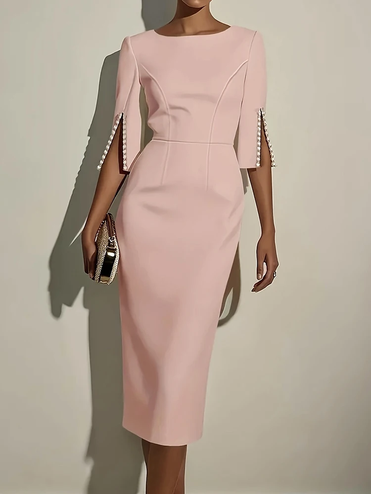 New Solid Patchwork Elegant Party Dress, Women Spring Summer O Neck Simple Maxi Dress, Three Quarter Sleeve Fashion Ladies Dress