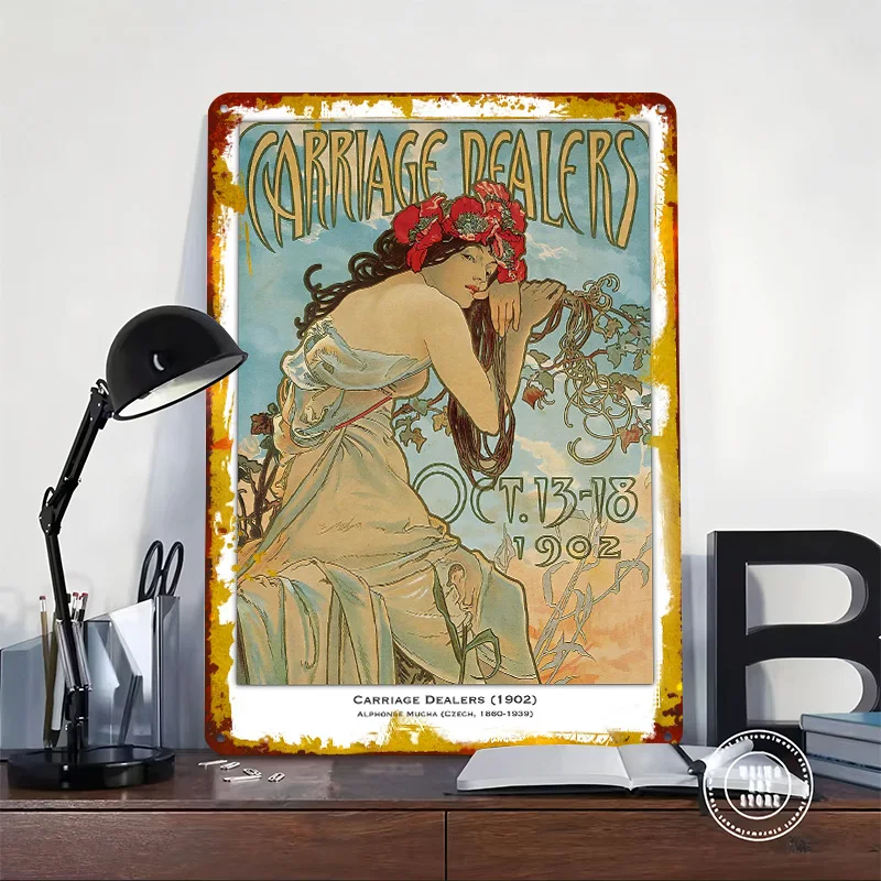 Art Nouveau - Carriage Dealers Poster Customized Wall Art Vintage Metal Signs Retro Tin Plaque for Man Cave Room Decor Men Home