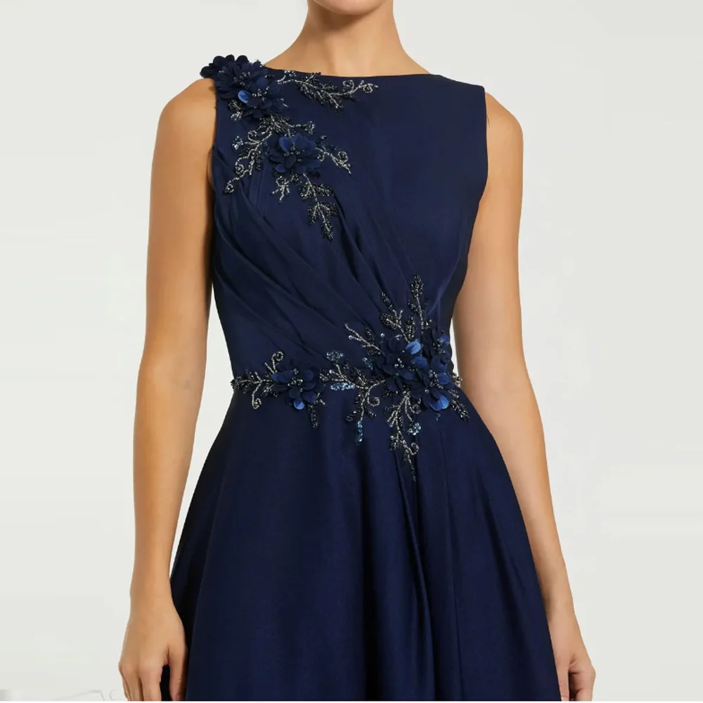

Customized Charmeuse Sash Pleat Flower Beading Mother of The Bride Dress A-line Scoop Neck Long Wedding Guest Gown