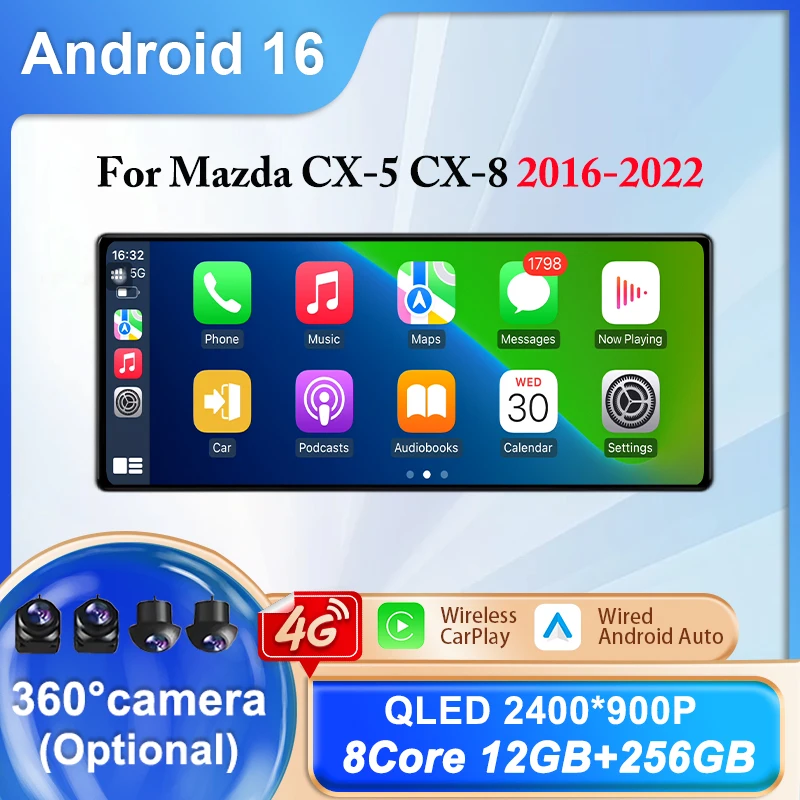 Reproductor Multimedia de Video para Automóvil con Pantalla Android de 16 Pulgadas y Resolución de 2400*900P, GPS, WIFI, BT, CarPlay, Radio para Automóvil, Autoradio, para Mazda CX-5 CX-8 2016-2022