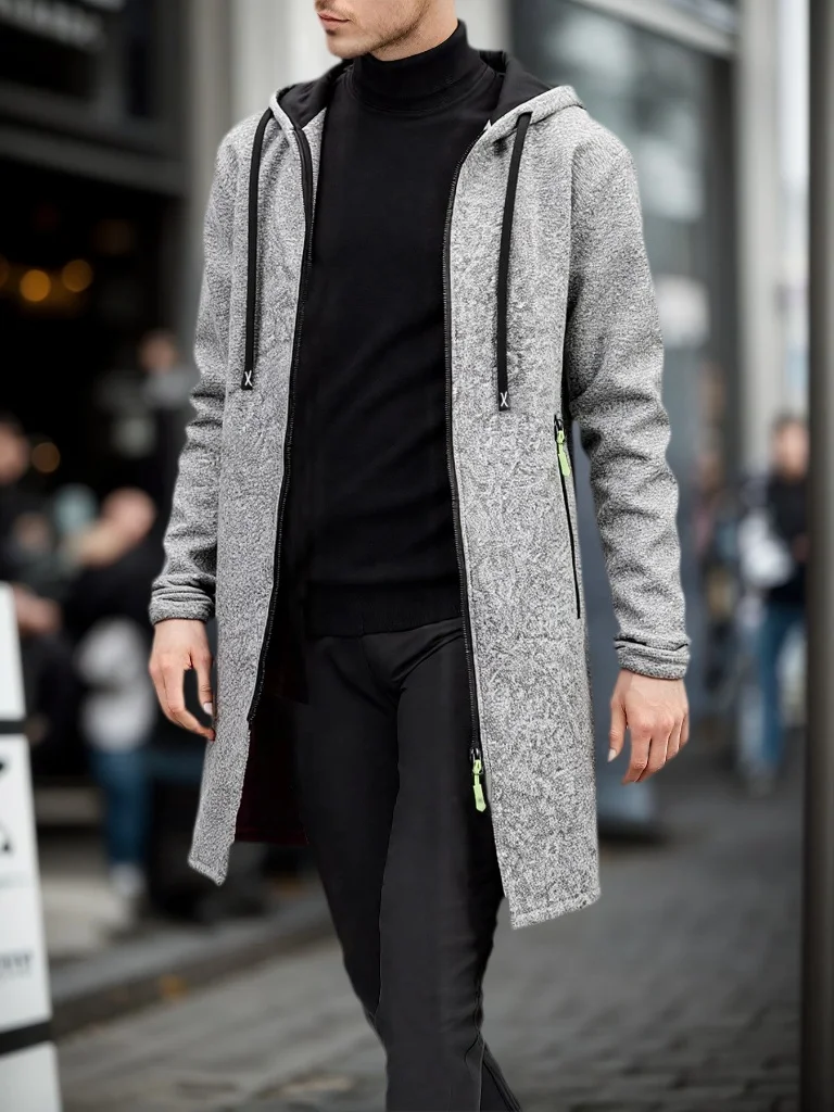 Men Mid‑Length Daily Wear Hooded Full Zip Coat Heather Knit Hooded Outerwear Fleece Lined Coat With Drawstring Zipper Pockets