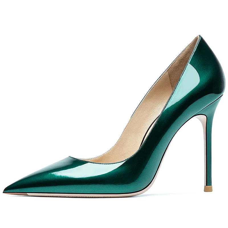 Jade Green Bright Women Sexy Pumps Genuine Leather High Heeled Shoes Fashion Pointed Toe Stilettos Autumn Spring Pumps