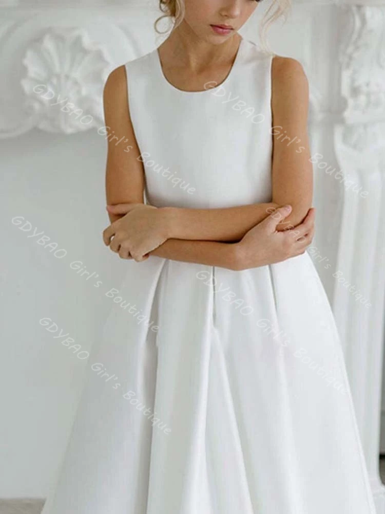 Vestidos brancos da menina de flor para o casamento a linha/princesa cetim primeira comunhão vestido com apliques personalizado vestido de festa de aniversário